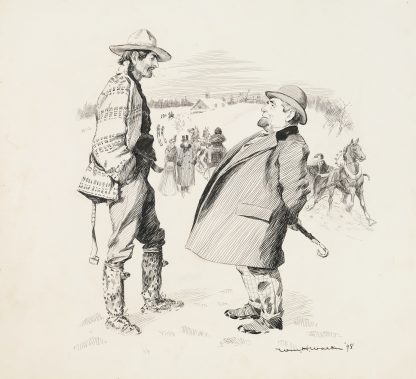 A winter scene. A man in a suit talks with a man in rougher clothes, while behind them people in fine clothes walk and ride in sleighs. by William Henry Walker
