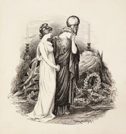A woman representing the United States tries to comfort a woman in military garb who grieves the death of Queen Victoria of the United Kingdom by William Henry Walker