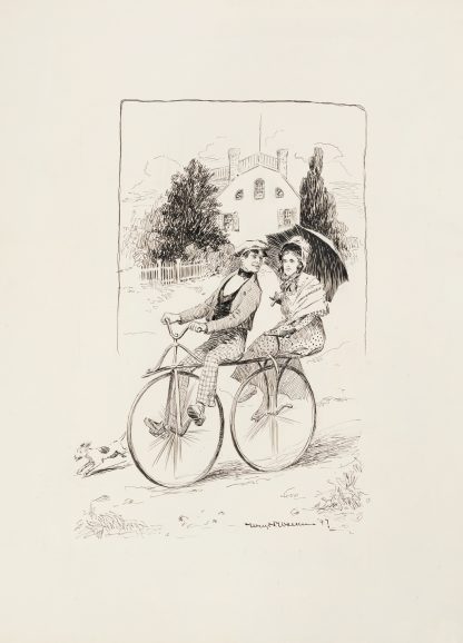 A young couple ride on a tandem bicycle. by William Henry Walker