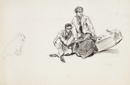 A young man and woman slide off a log they were sitting on as one end of the log rises up. A dog watches them. by Harold Imbrie