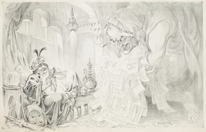 Aladdin-like figure wearing hat of ‘Vested Interests’ lounges on an ottoman. by Udo Keppler