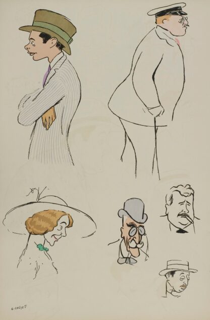 baron Hubert Lejeune, M de Villeroy, Mme charron, MM Jacques et James Hennessy, inconnu by Georges Goursat (Sem)