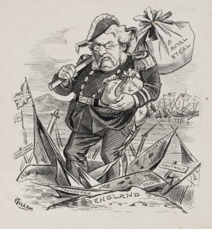 Caricature of President Chester Arthur, here accused of using the Treasury surplus to build up the Navy.. by Bernard Gillam