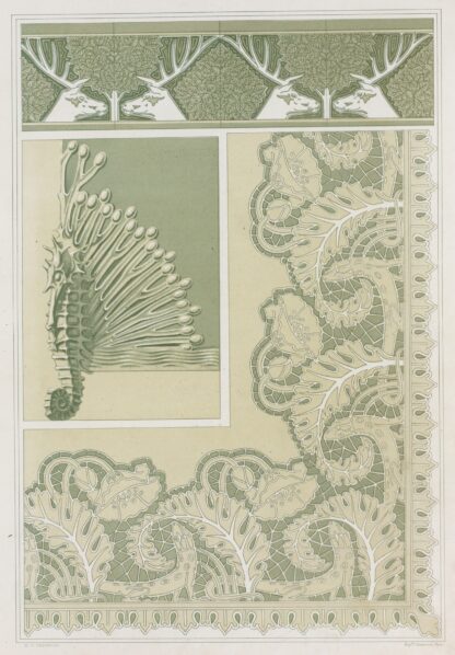 Cerfs et noisetiers, bordure, carreaux céramiques; hippocampe et algues, pied de coffret, bronze; lézards et pavots, broderie by Maurice Pillard Verneuil