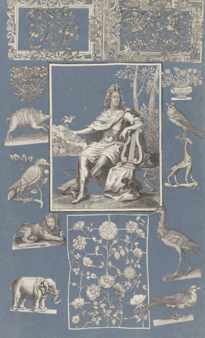 Collage of cut out prints pasted on blue paper Pl 11 by Anonymous