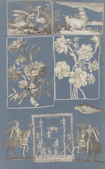 Collage of cut out prints pasted on blue paper Pl 14 by Anonymous