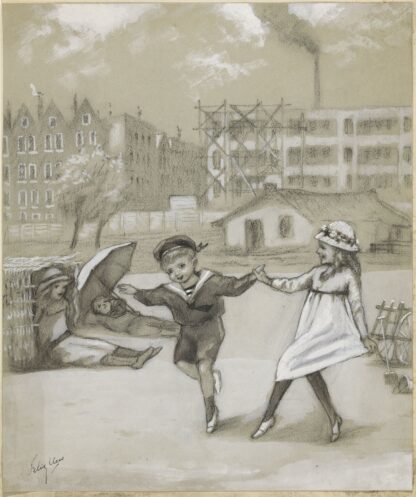 Dansende jongen en meisje in een stadspark of speeltuin by Felix Hess