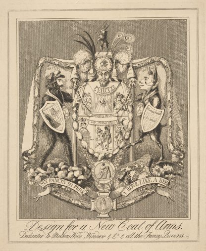 Design for a new coat of arms. Dedicated to Mothers Wood, Windsor & Co. & all the fancy Queens. by Theodore Lane