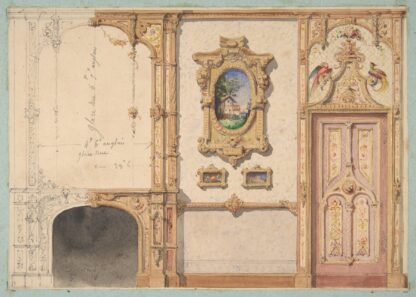 Design for the decoration of a wall punctuated by a fireplace and a door and hung with gold-framed pictures by Jules-Edmond-Charles Lachaise