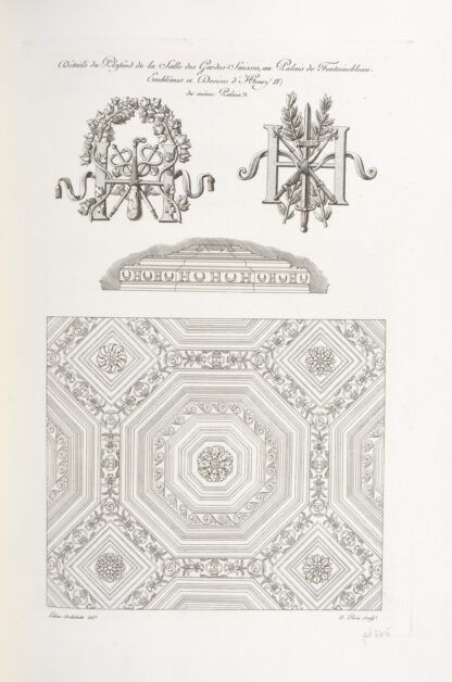Détails du plafond de la salle des gardes-suisses, au palais de Fontainebleau. Emblêmes de dessins d’Henry IV; du même palais by Nicolas Xavier Willemin