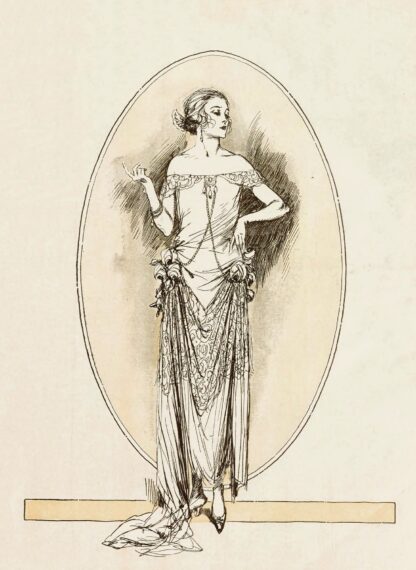 Evening gown of rose mousse-line and silver lace, caught up with yellow rosses on the hip by Anonymous