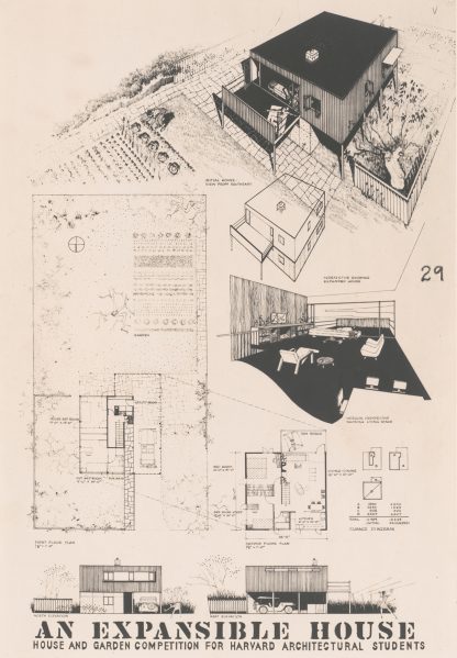Expansible house, Plans, elevations, and perspectives by Victor Alfred Lundy