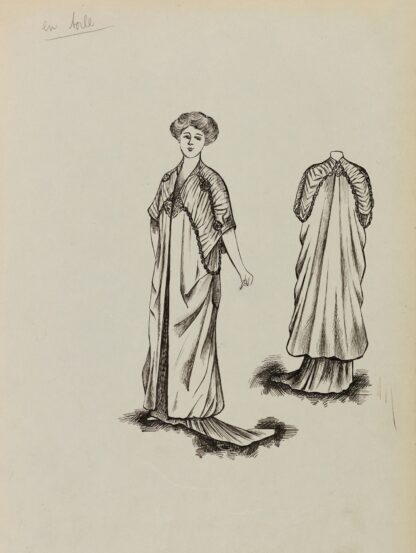 Figure de femme de trois-quart portant un manteau sur robe longue by Anonymous