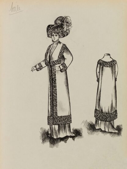 Figure de femme de trois-quart portant un manteau sur robe longue et un grand chapeau 11 by Anonymous