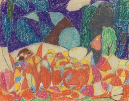 Figurengruppe unter lila-grünen Formen by Adolf Hölzel