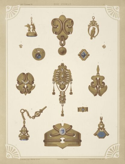 Fourteen Designs For Jewelry, Including Gold Brooches And Pins Containing Blue Stones. by Martin Gerlach