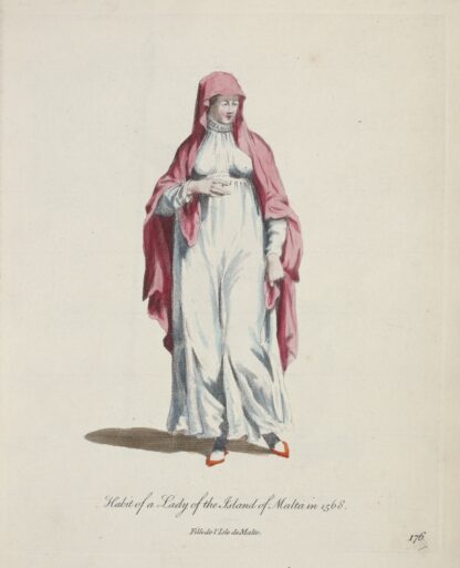 Habit of a lady of the Island of Malta in 1568. Fille de l’Isle de Malta. by Charles Grignion