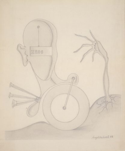Head with Sign, Hand, Wheel, and Auto Horn by Angelika Hoerle