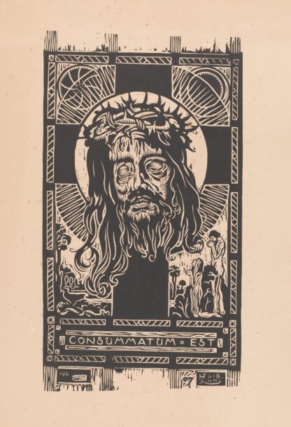 Hoofd van Christus met doornkrans voor een kruis, aanbeden door een man en vrouw by Huib Luns