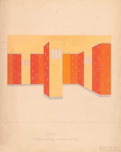 Interior perspective drawings of Hotel Siwanoy, Mount Vernon, NY.] [Interior perspective study of Grill in red, yellow, and orange by Winold Reiss