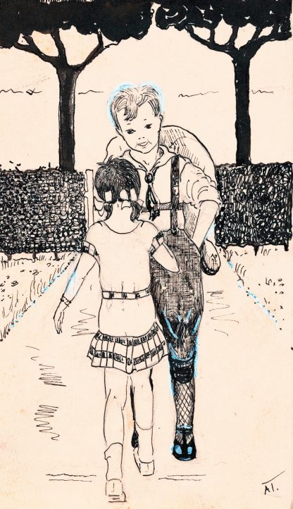 Jongen en meisje op een tuinpad by A. Tinbergen