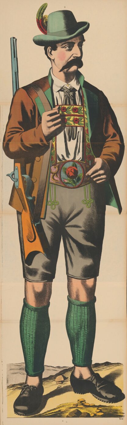 Man in lederhosen and Tyrolean hat holding a rifle over his shoulder by René Ackermann