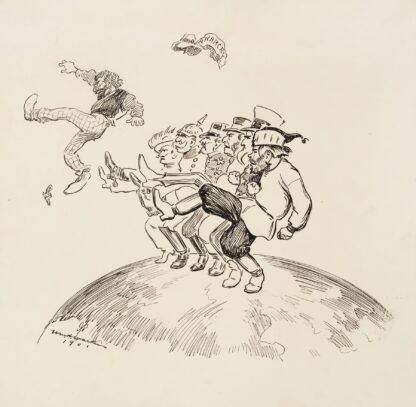 Men representing several European countries dance a kick-line together to kick out a man representing anarchy. by William Henry Walker