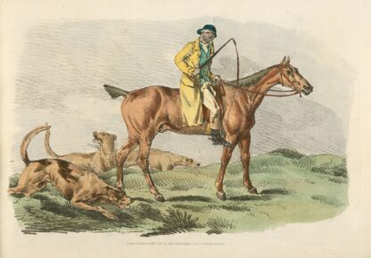 Mounted hunter with three hounds running behind by Henry Thomas Alken