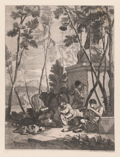 Music-making shepherds in a landscape near a sculpture by Georg Andreas Wolfgang