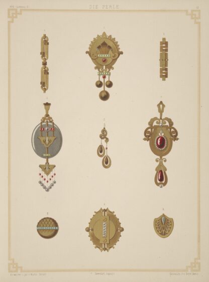 Nine Designs For Jewelry, Including Gold Brooch With Green And Red Stones. by Martin Gerlach