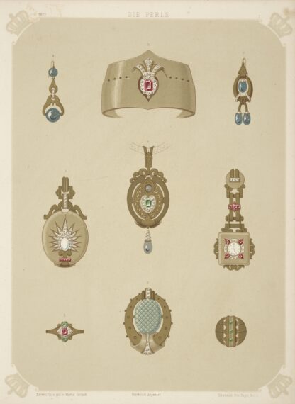 Nine Designs For Jewelry, Including Pointed Gold Bracelet With Red Stone And Diamonds. by Martin Gerlach