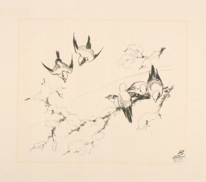 Oiseaux sur une branche d’arbre couverte de neige. by Félix Bracquemond