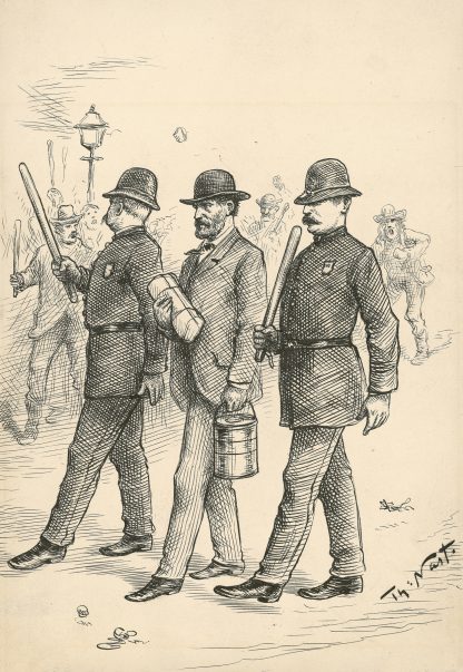 On this the triumph of our Republican form of government, must the honest laborer, satisfied with his employer, his wages . . . by Thomas Nast