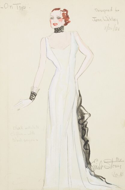 On Top: Designed for Jane Wilday. White gown with black ruffle and black collar and cuff by Emile Stoner