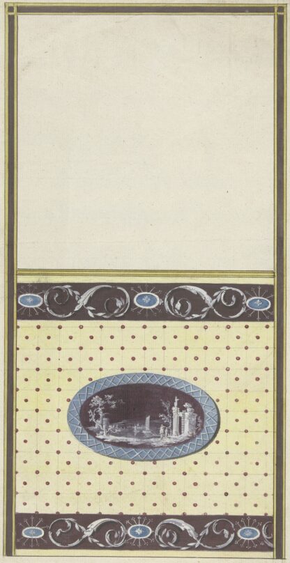 Ontwerp voor kamerversiering met verticaal twee panelen, de onderste met een ruïnelandschap in een liggend ovaal by Abraham Meertens