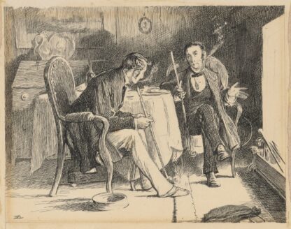 Our Mutual Friend; Two gentlemen holding long pipes, seated before fireplace by James Mahoney