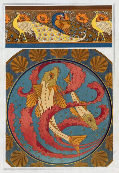 Paons et pavots, bordure. Grondins, algues et coquilles, plat en émail cloisonné. by Maurice Pillard Verneuil