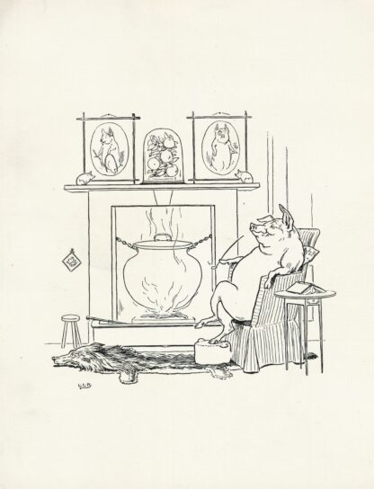Pig sits by the fire on the wolf rug by Leonard Leslie Brooke