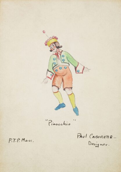 Pinocchio: Green coat, white shirt, peach pants, yellow stockings, and yellow hat by Paul Cadorette