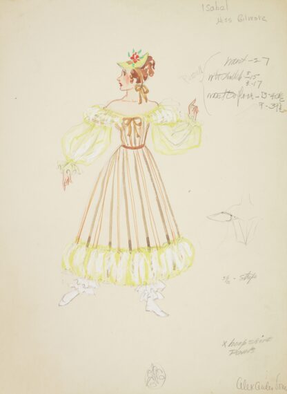 Pirates of Penzance: Isabel. Brown striped gown with yellow sleeves and hem by Alex Jones