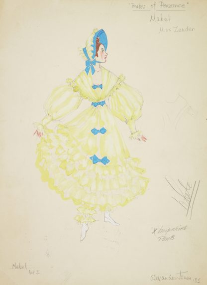 Pirates of Penzance: Mabel. Ruffled yellow gown with blue bows by Alex Jones
