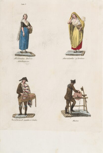 Plate 5; four street vendors from Madrid selling sweet albellanitas dulces, alacalienties, tender cuts and a knife grinder by Miguel Gamborino