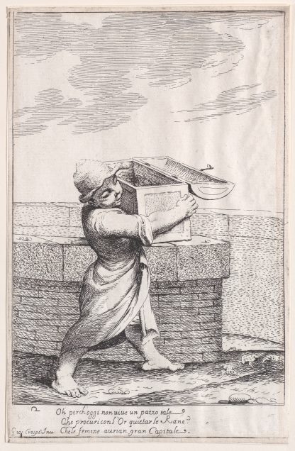 Plate 8; Bertoldino, enraged by the croaking frogs, throws his strongbox into the fish pond by Giuseppe Maria Crespi