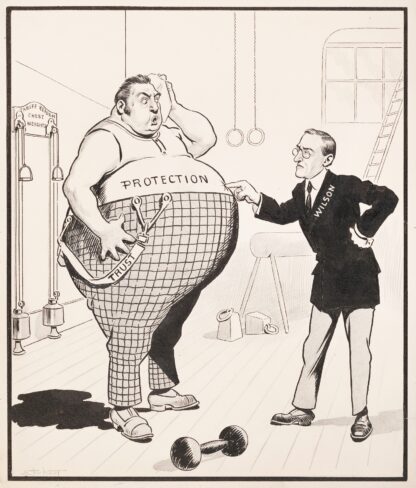President Woodrow Wilson in a gym, trying to get an overweight man representing Protection Trust back into shape by Samuel Ehrhart