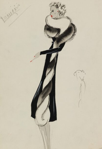 Redingote noire avec torsade de fourrure noire et blanche en bordure by M. P. Leven