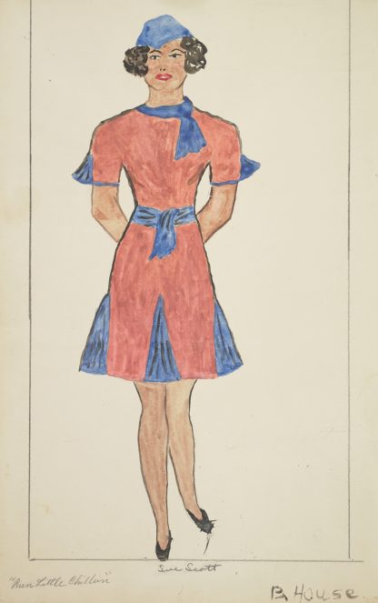 Run Little Chillun: Sue Scott. Short red dress with blue panels, and matching blue cap by B. House