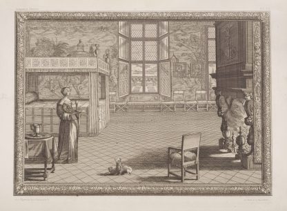Scene of woman in a bedroom holding a tray with a glass by André-Charles Boulle