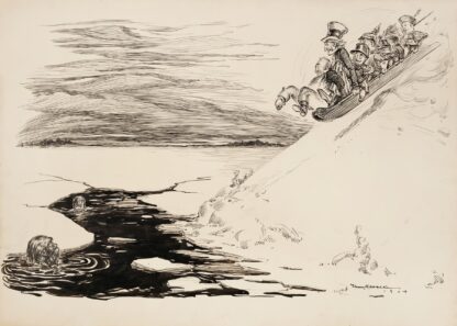 Several men on a toboggan slide down a slope towards a hole in the ice below by William Henry Walker
