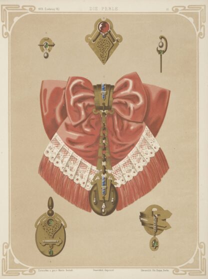 Six Designs For Jewelry, Including Gold Brooch And Pendant With Pink And Lace Bow. by Martin Gerlach