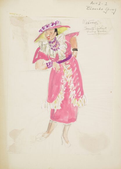 Swing It. Blanche Young. Pink dress with yellow ruffles by Maxine Borowsky